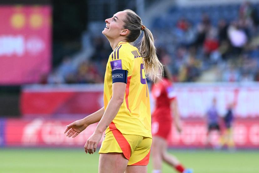 Belgium's Tessa Wullaert looks dejected during a soccer game between Belgium's national women's team the Red Flames and Luxembourg, on Friday 05 June 2026 in Leuven, in the fifth of six games of the qualifiers for the 2027 FIFA Women's World Cup. BELGA PHOTO JILL DELSAUX