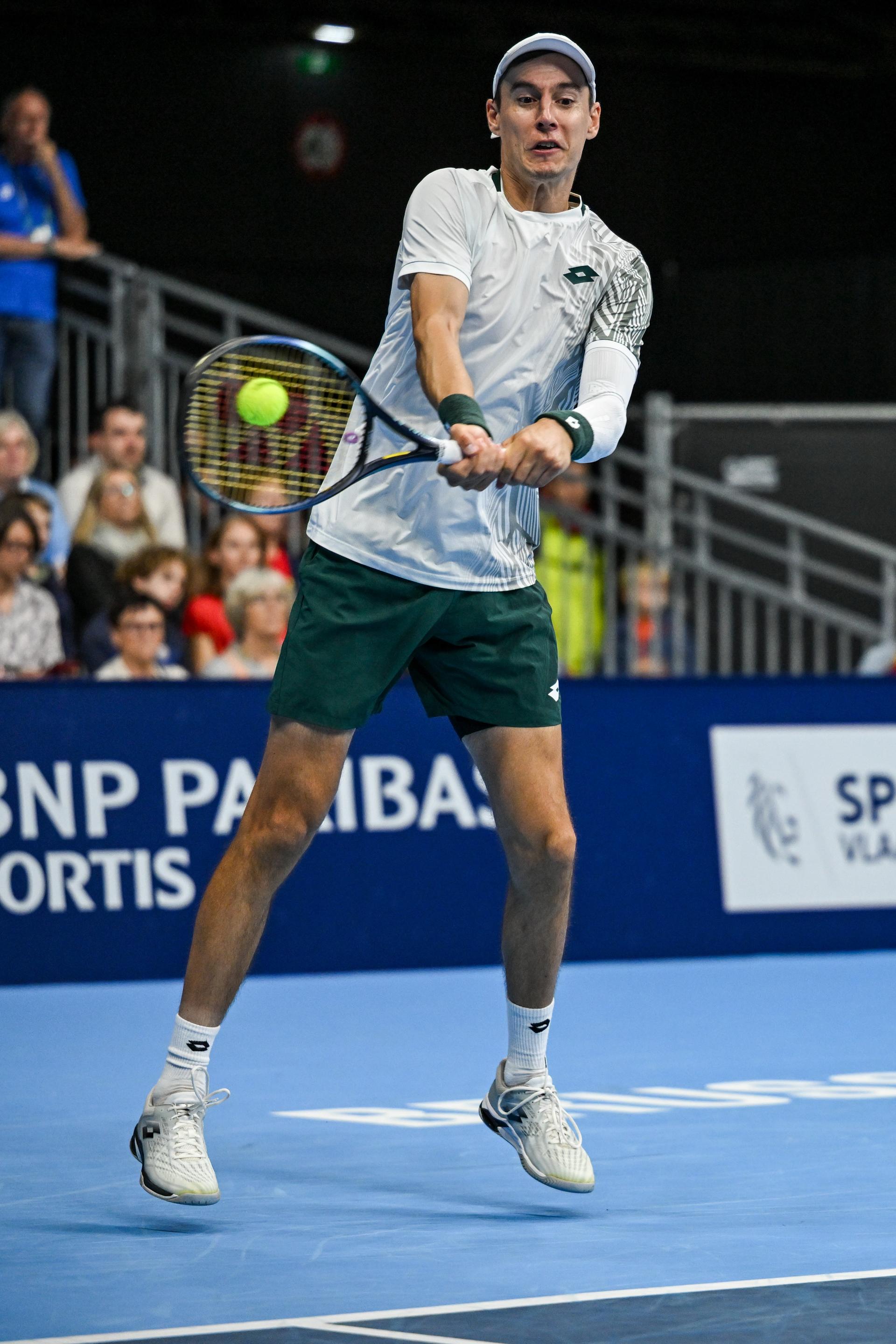 Joran Vliegen of Belgium pictured in action during the European Open ATP tennis tournament in Brussels, on 21 October. This year's edition of the tournament is taking place from 17 to 25 October BELGA PHOTO DAVID PINTENS