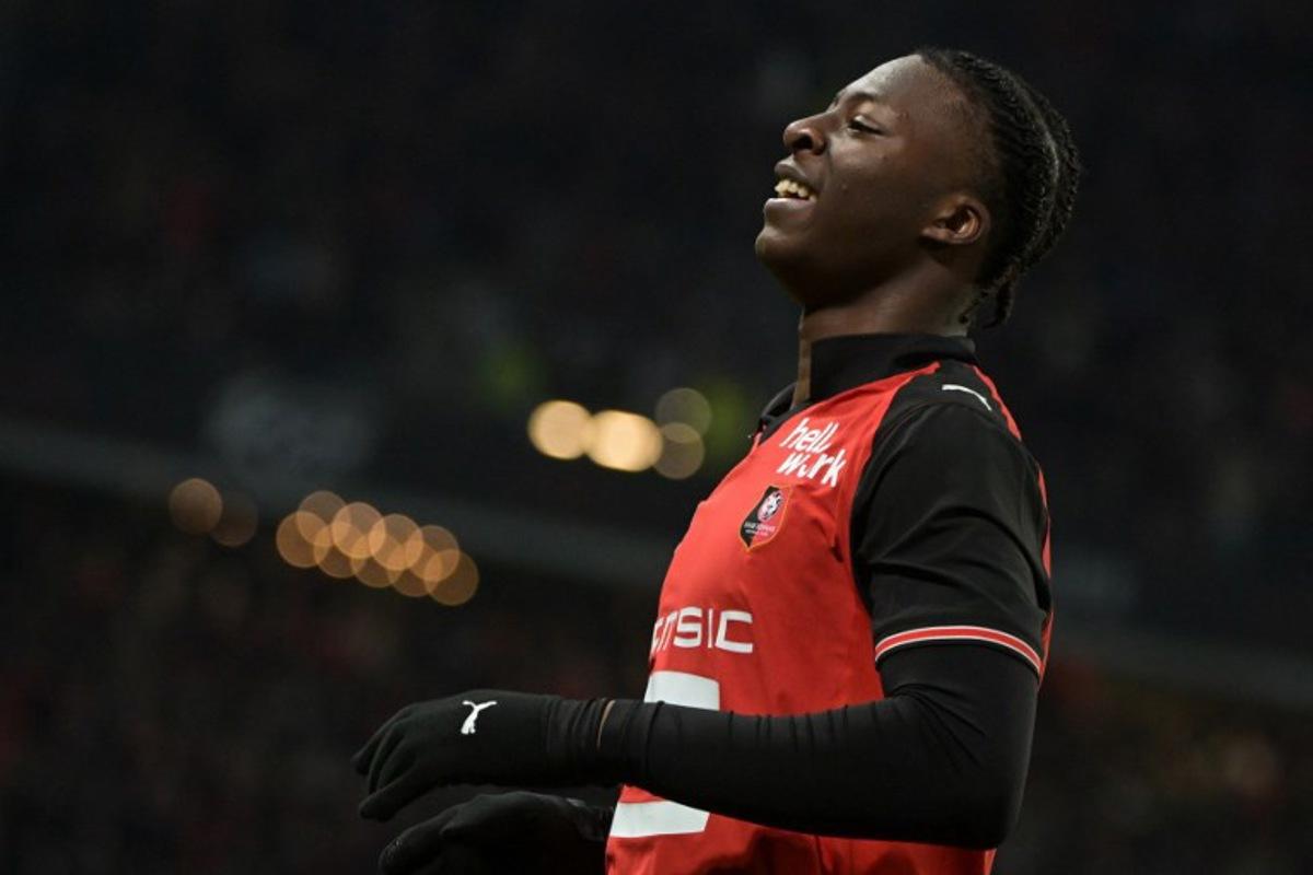 Rennes' French forward #39 Mohamed Kader Meite celebrates his team's third goal during the French L1 football match between Stade Rennais FC and Stade Brestois 29 at the Roazhon Park stadium in Rennes, western France, on December 13, 2025. DAMIEN MEYER / AFP
