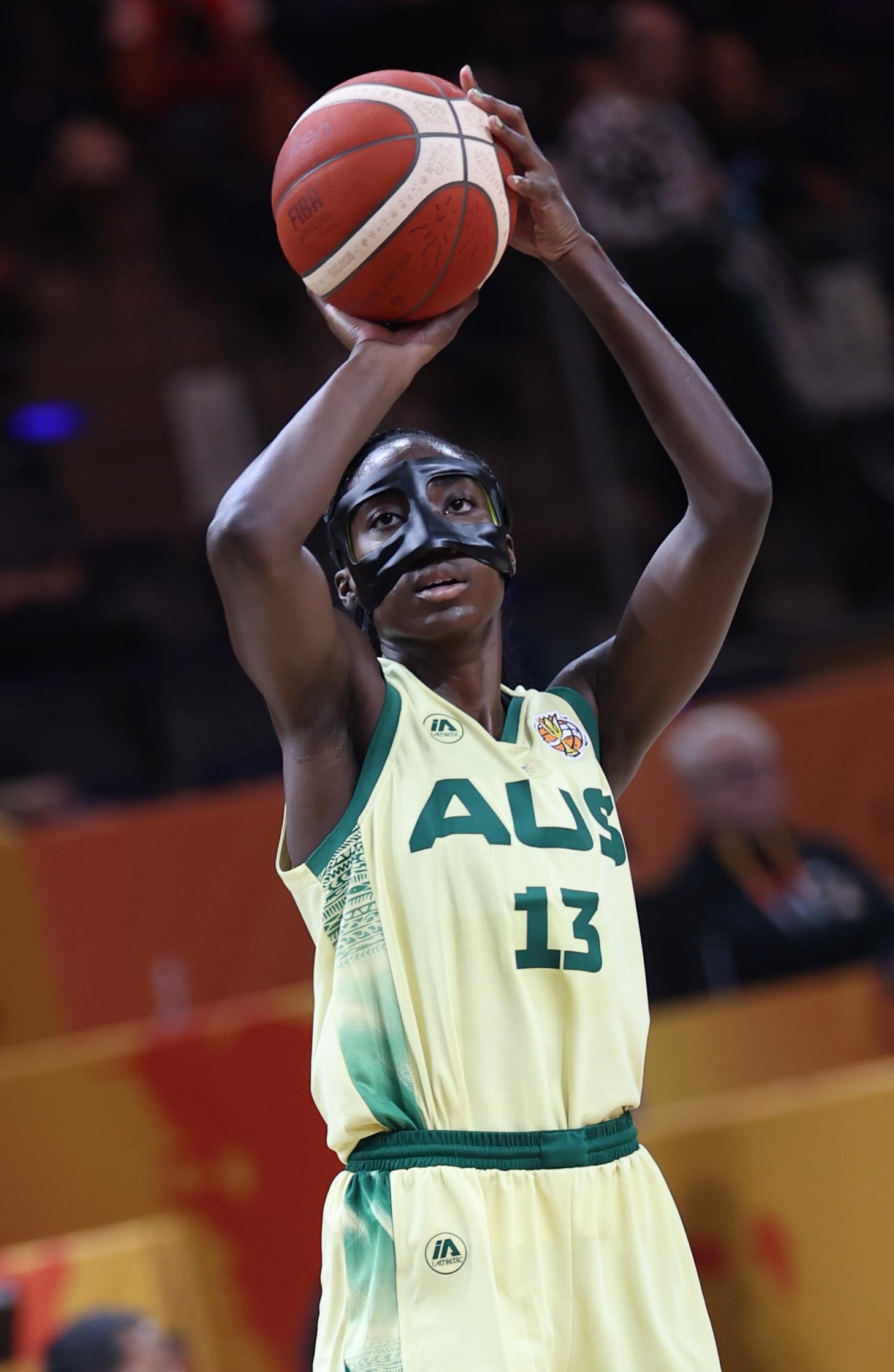 Australia' Ezi Magbegor fights for the ball during a game between the national teams of Australia and Puerto Rico, game 1 of the group phase at the FIBA Women's Basketball World Cup, on Friday 4 September 2026, in Berlin, Germany. The FIBA Women's Basketball World Cup takes place in Berlin from 4 to 23 September 2026. BELGA PHOTO VIRGINIE LEFOUR