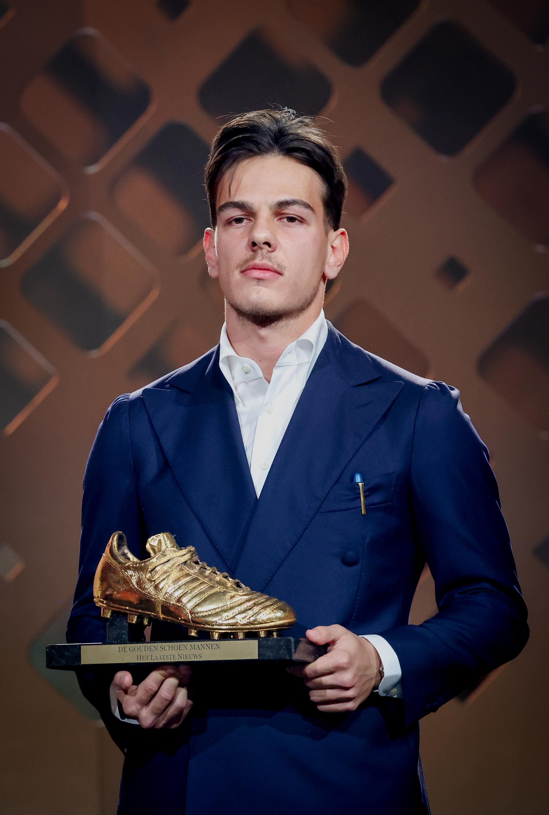 Former Club Brugge player Ardon Jashari wins the 'Golden Shoe' during the 72nd edition of the 'Golden Shoe' award ceremony, in Middelkerke, Sunday 11 January 2026. The Golden Shoe (Gouden Schoen / Soulier d'Or) is an award for the best soccer player of the Belgian Jupiler Pro League championship during the calendar year 2025. BELGA PHOTO KURT DESPLENTER