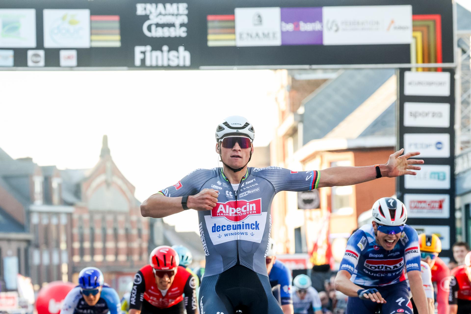 Dutch Mathieu van der Poel of Alpecin-Deceuninck celebrates as he crosses the finish line to win the 'Ename Samyn Classic' one day cycling race, 199,1km from Quaregnon to Dour on Tuesday 04 March 2025. BELGA PHOTO VIRGINIE LEFOUR