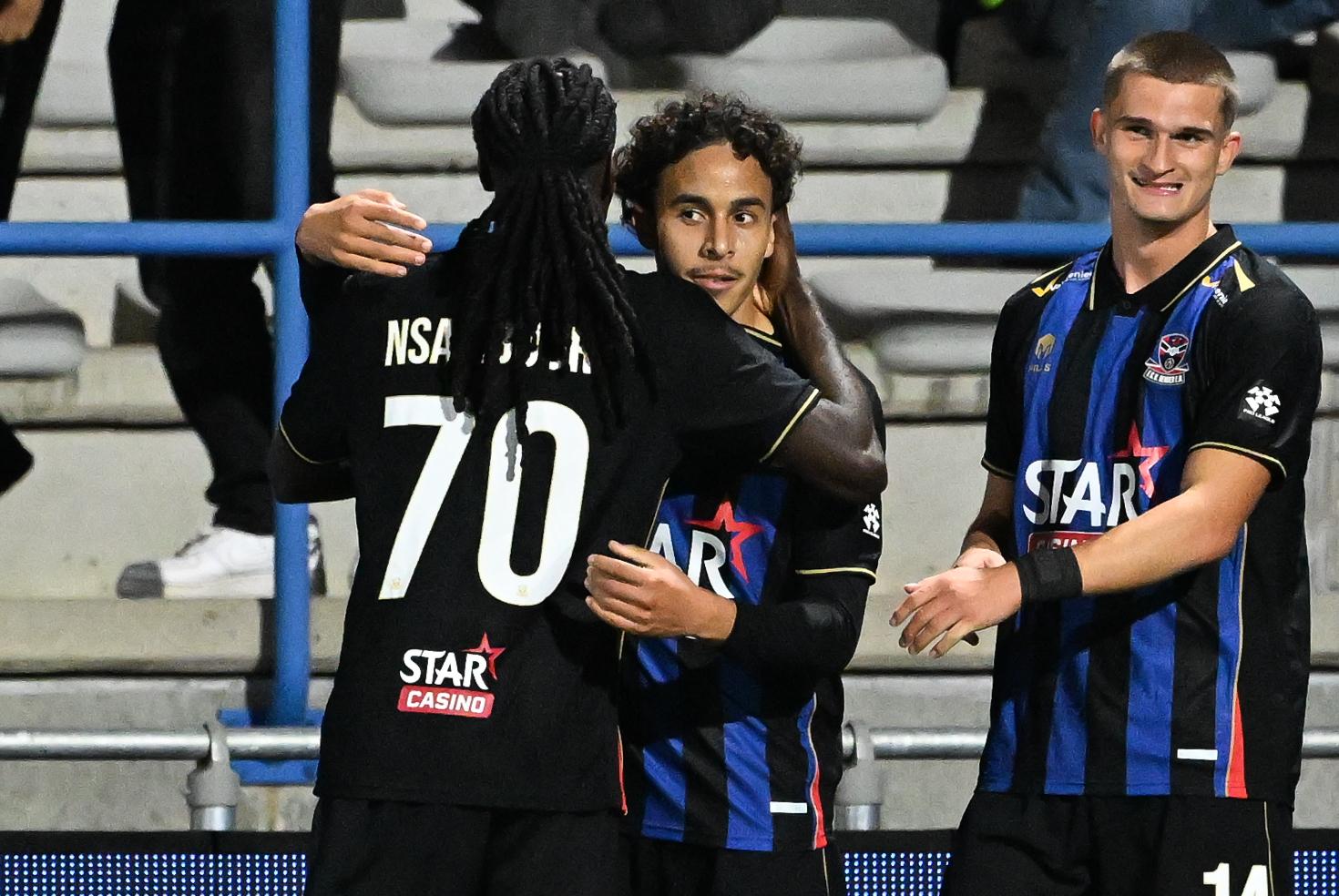 Dender's Adam Nhaili celebrates after scoring during a soccer match between FCV Dender EH and Patro Eisden Maasmechelen, Sunday 20 September 2026 in Denderleeuw, on day 6 of the 2026-2027 'Challenger Pro League' 1B second division of the Belgian championship. BELGA PHOTO JILL DELSAUX