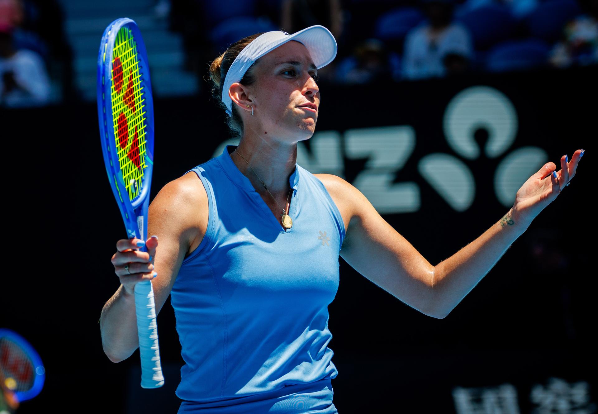 Belgian Elise Mertens pictured during a doubles tennis match between Belgian-Chinese pair Mertens-Zhang and Kazakh/Serbian pair Danilina/Krunic, in the final of the women doubles at the Australian Open, Melbourne Park, Melbourne on Saturday 31 January 2026. BELGA PHOTO PATRICK HAMILTON --- BENELUX ONLY ---