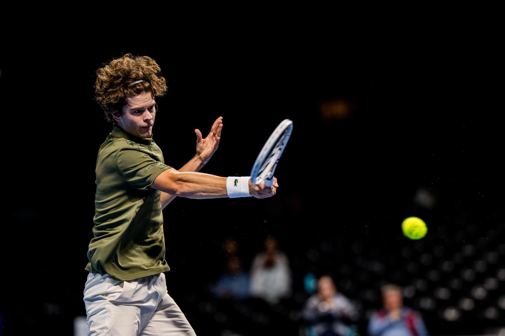 Belgian Alexander Blockx pictured in action during the European Open ATP tennis tournament in Brussels, on Monday 13 October 2025. This year's edition of the tournament is taking place from 12 to 19 October 2025. BELGA PHOTO JASPER JACOBS