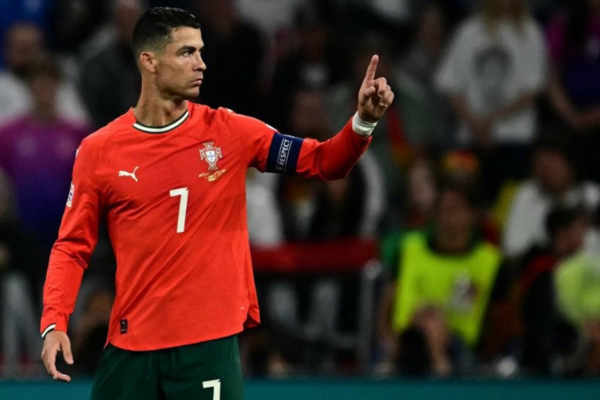 Portugal's forward #07 Cristiano Ronaldo reacts during the UEFA Nations League semi-final football match between Germany and Portugal in Munich, southern Germany on June 4, 2025. Tobias SCHWARZ / AFP