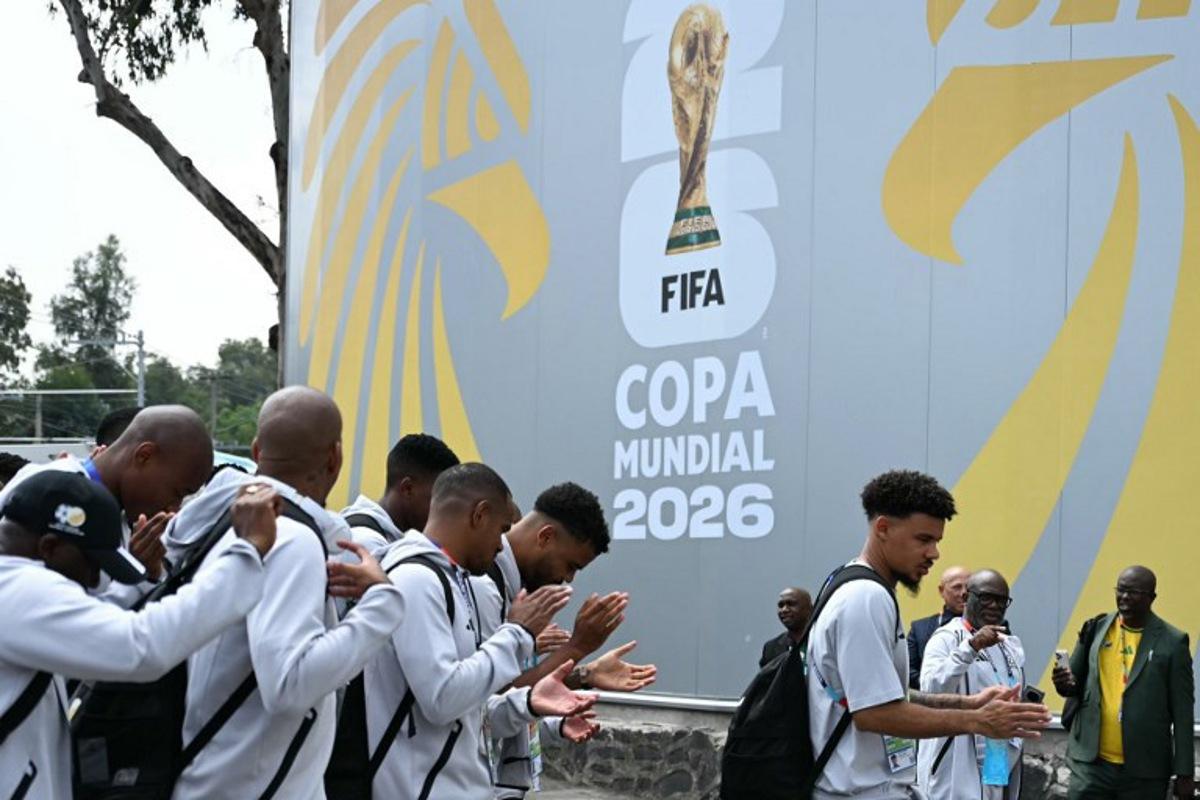 South Africa's players arrive to the stadium ahead of the 2026 World Cup Group A football match between Mexico and South Africa at the Mexico City Stadium in Mexico City on June 11, 2026. YURI CORTEZ / AFP