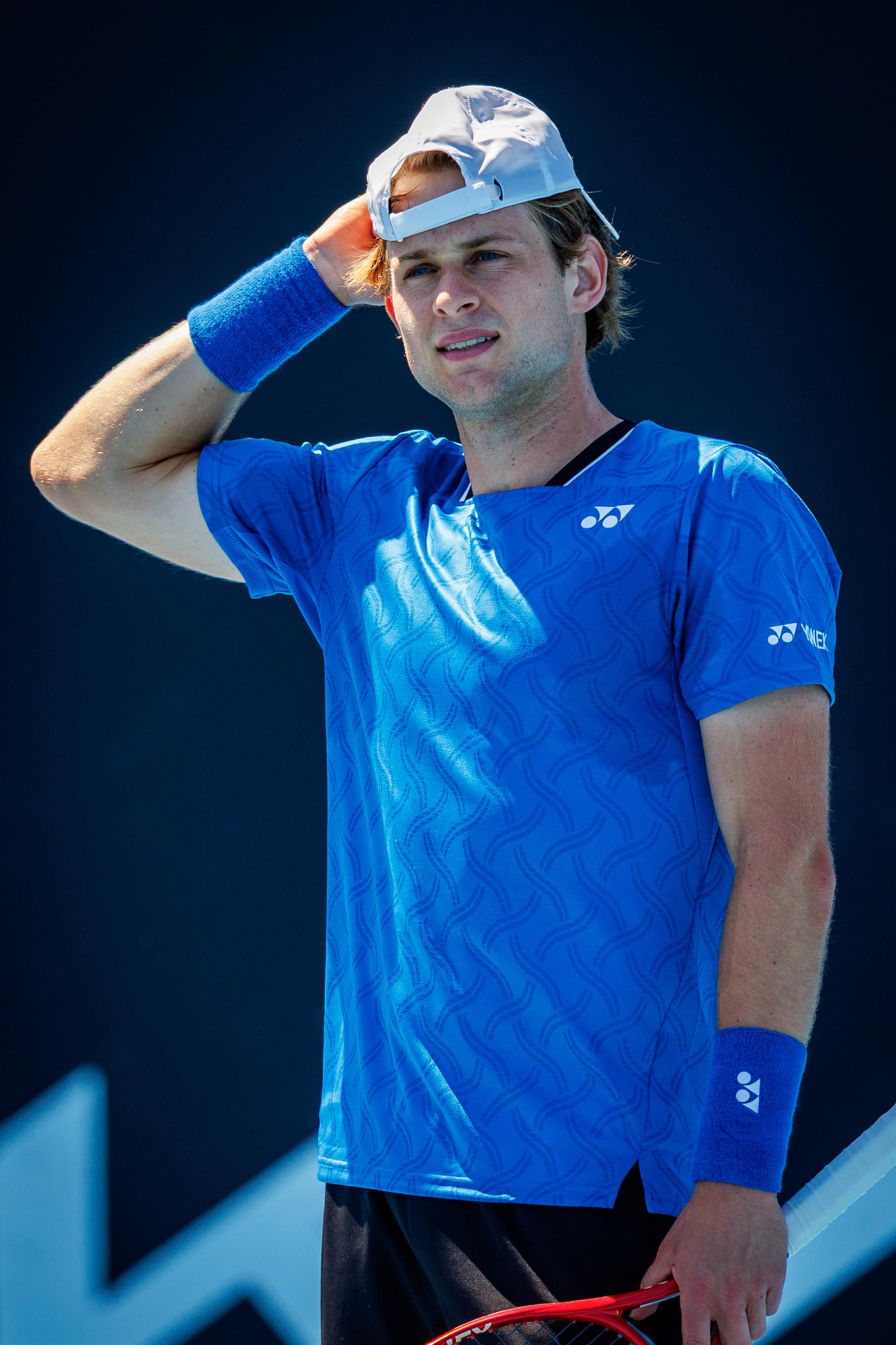 Belgian Zizou Bergs pictured during a first round match of Belgium's Bergs/Collignon against Australia's pair McCabe/Tu in the men doubles at the Australian Open, Melbourne Park, Melbourne on Wednesday 21 January 2026. McCabe/Tu won the game. BELGA PHOTO PATRICK HAMILTON --- BENELUX ONLY ---