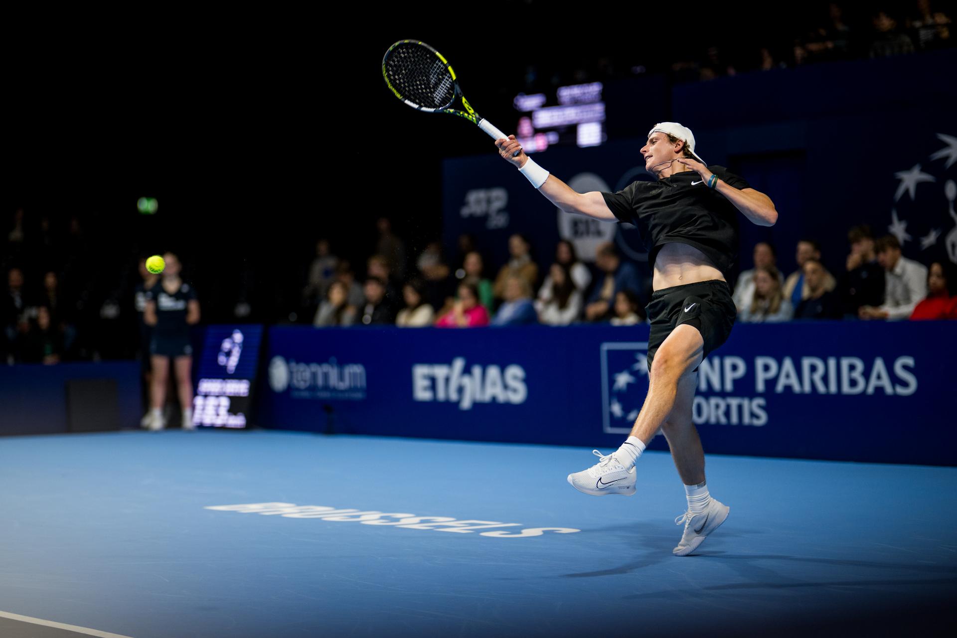 Belgian Alessio Basile pictured in action during the European Open ATP tennis tournament in Brussels, on Sunday 12 October 2025. This year's edition of the tournament is taking place from 12 to 19 October 2025. BELGA PHOTO JASPER JACOBS