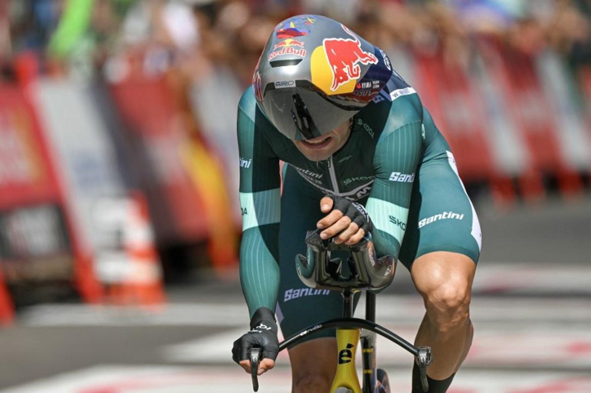 Team Visma-Lease a bike's Belgian rider Wout van Aert crosses the finish line of the 18th stage of the Vuelta a Espana 2026 cycling tour, a 32,1 km individual time-trial race between El Puerto de Santa Maria and Jerez de la Frontera, on September 10, 2026. JORGE GUERRERO / AFP