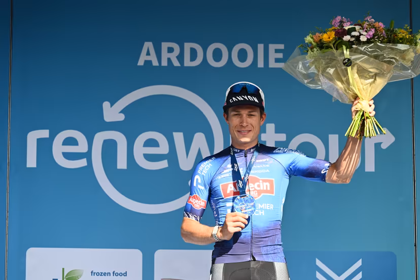 Belgian Jasper Philipsen of Alpecin-Premier Tech celebrates on the podium after winning stage two of the 'Renewi Tour' multi-stage cycling race, from Blankenberge to Ardooie (191,3 km) on Thursday 20 August 2026. The five-day race takes place from 19 to 23/08. BELGA PHOTO DAVID PINTENS