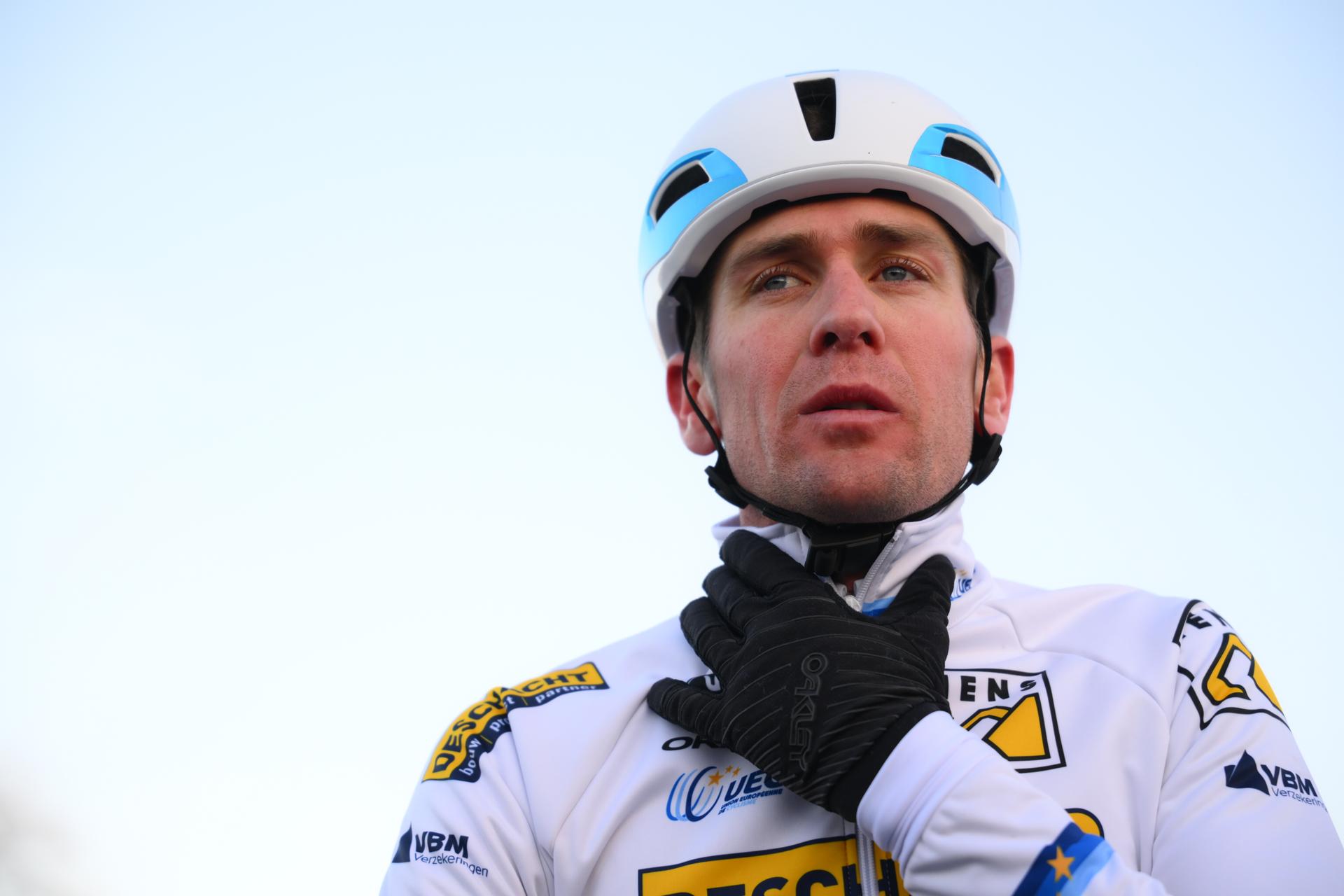 Belgian European champion Toon Aerts reacts after the finish line of the men elite race at the World Cup cyclocross cycling event in Tabor, Czech Republic, stage 1 (out of 12) of the UCI World Cup cyclocross competition, Sunday 23 November 2025. BELGA PHOTO DAVID PINTENS