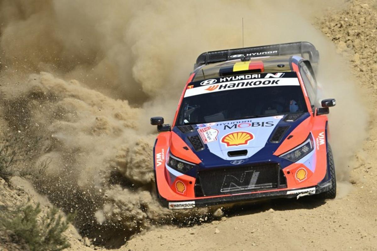 Thierry Neuville of Belgium and his co-driver Martijn Wydaeghe of Belgium compete in their Hyundai i20 during the SS9 stage of the World Rally Championship (WRC) Rally of Portugal in Mortagua, on May 16, 2025. MIGUEL RIOPA / AFP