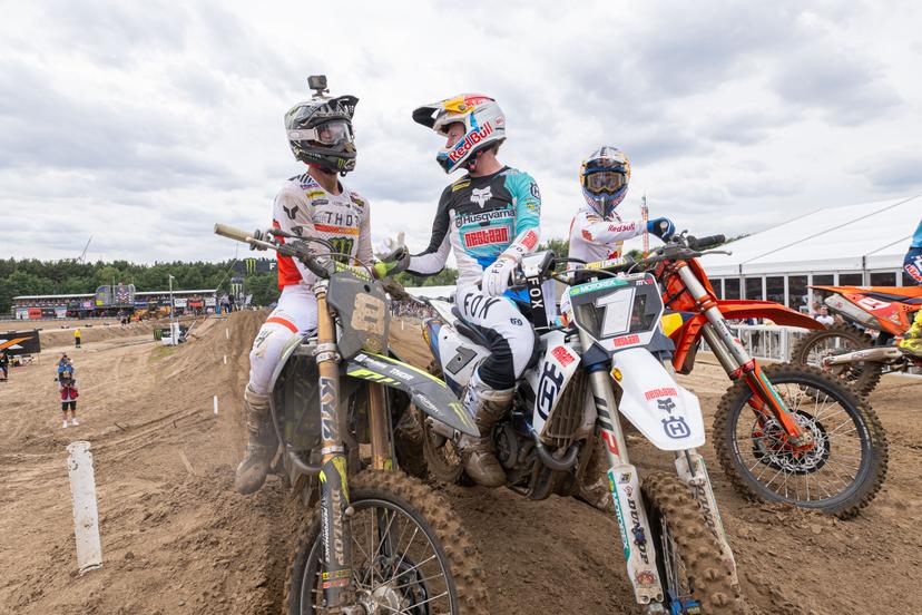 South Africa's Camden McLellan , the Netherlands' Kay de Wolf and Belgium's Sacha Coenen are pictured after the motocross MX2 Grand Prix Flanders, race 15/20 of the FIM Motocross World Championship, Sunday 03 August 2025 in Lommel. BELGA PHOTO JONAS ROOSENS