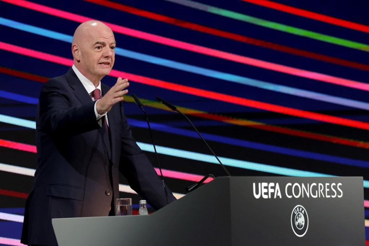 President of FIFA Gianni Infantino addresses the audience during the 49th UEFA ordinary Congress held at the "Sava Centar" congress center in Belgrade on April 3, 2025. PREDRAG MILOSAVLJEVIC / AFP