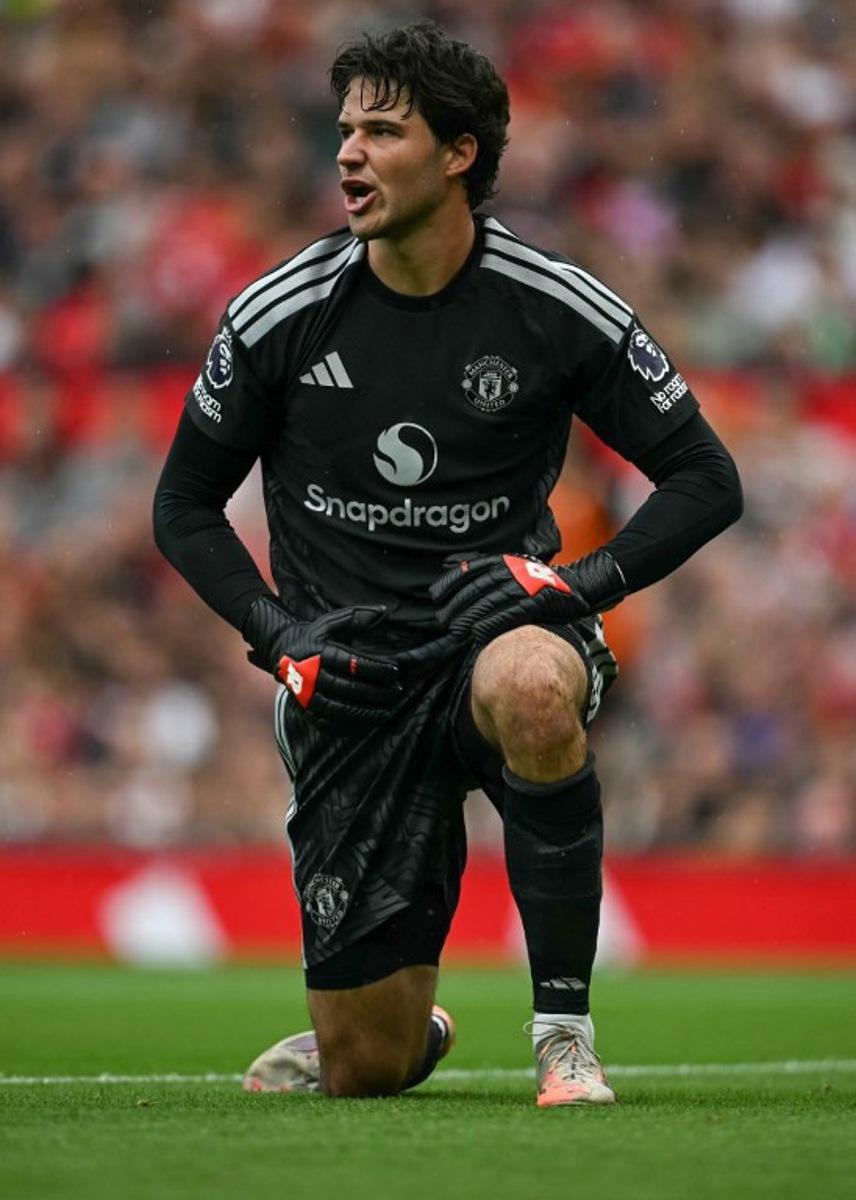 Manchester United's Belgian goalkeeper #01 Senne Lammens reacts after a missed shot from Ipswich during the English Premier League football match between Manchester United and Ipswich Town at Old Trafford in Manchester, north west England, on August 30, 2026. Paul ELLIS / AFP