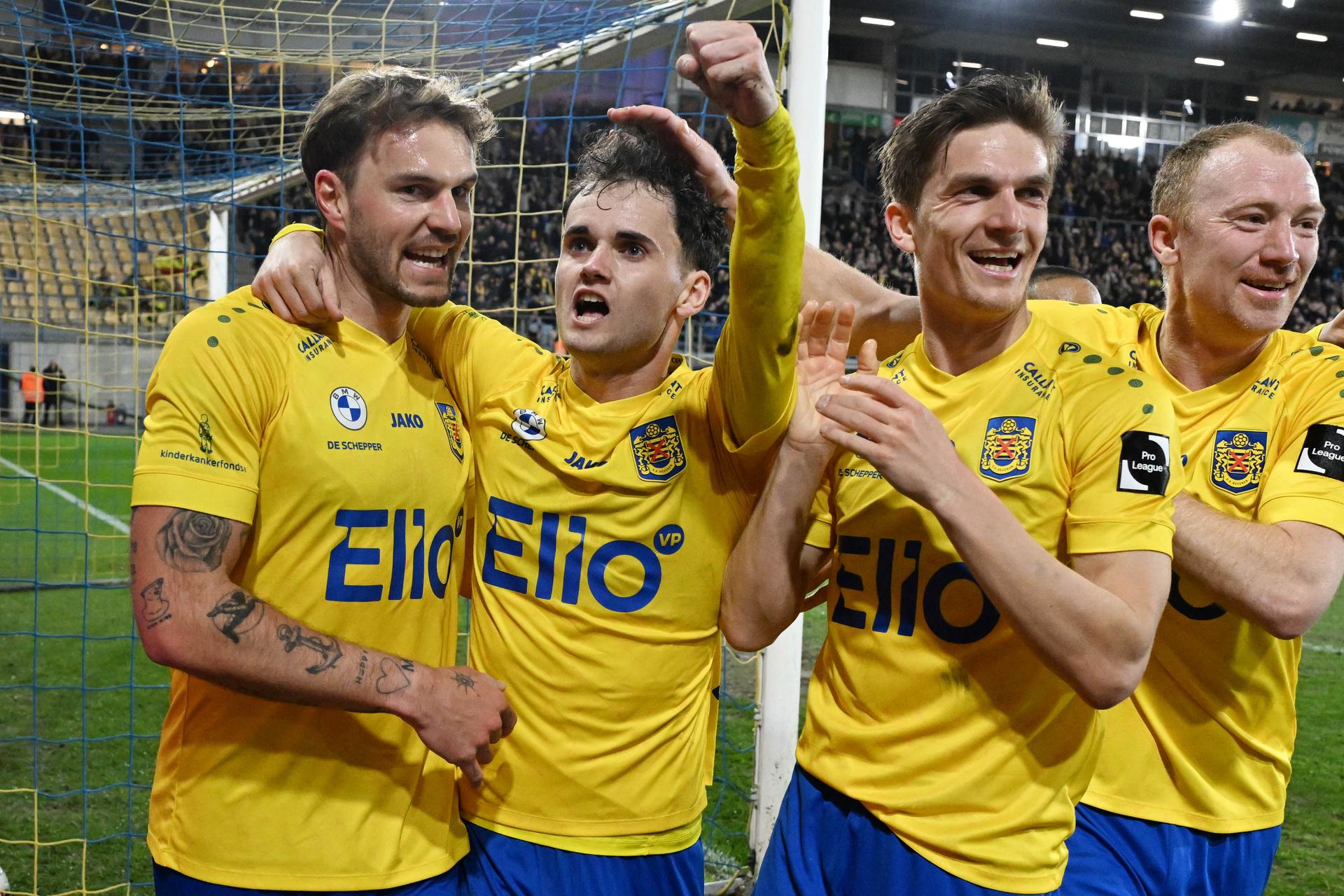 Beveren's Lennart Mertens, Beveren's Jannes Van Hecke, Beveren's Sieben Dewaele and Beveren's Christian Bruls celebrate during a soccer game between SK Beveren and RWDM Brussels, Wednesday 11 March 2026 in Beveren, on day 29 of the 2025-2026 'Challenger Pro League' 1B second division of the Belgian championship. BELGA PHOTO MAARTEN STRAETEMANS