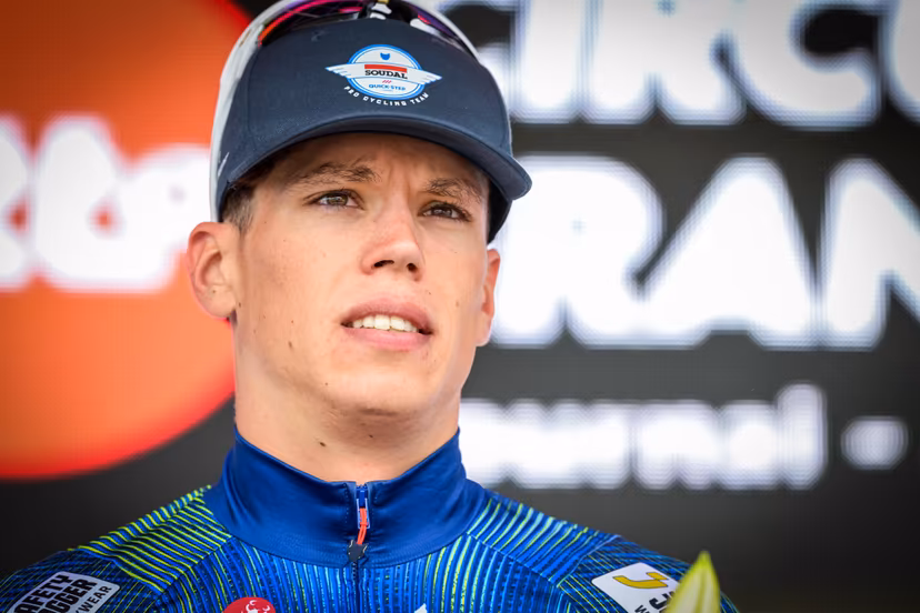 French Paul Magnier of Soudal Quick-Step pictured on the podium after the Circuit Franco-Belge cycling race, 195,6 km from Tournai to Mont-de-l'Enclus, stage 6 (out of 9) of the Lotto Cycling Cup, on Wednesday 10 June 2026. BELGA PHOTO DAVID PINTENS