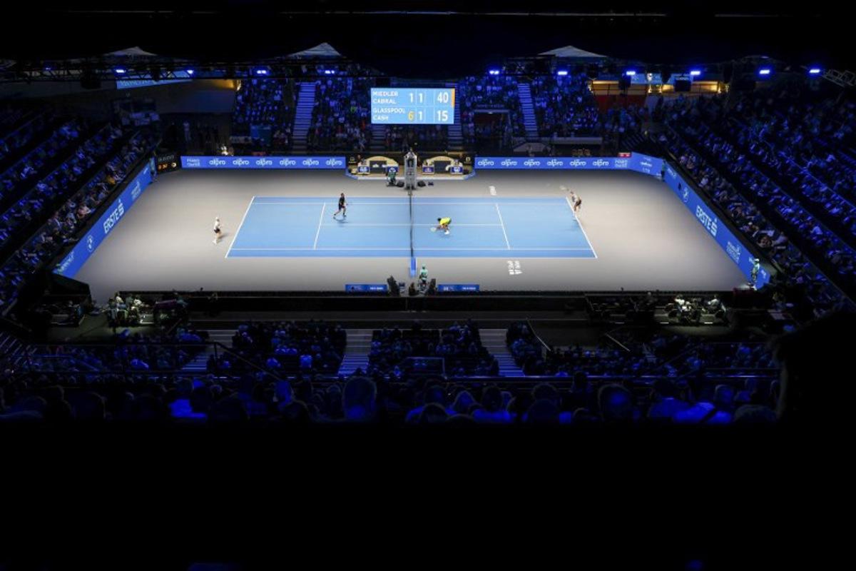 A general view shows Portugal's Francisco Cabral and Austria's Lucas Miedler playing against Britain's Julian Cash and Llloyd Glasspool during the men's final doubles match at the ATP Vienna Open tennis tournament at the Wiener Stadthalle venue in Vienna, Austria, on October 26, 2025. TOBIAS STEINMAURER / APA / AFP