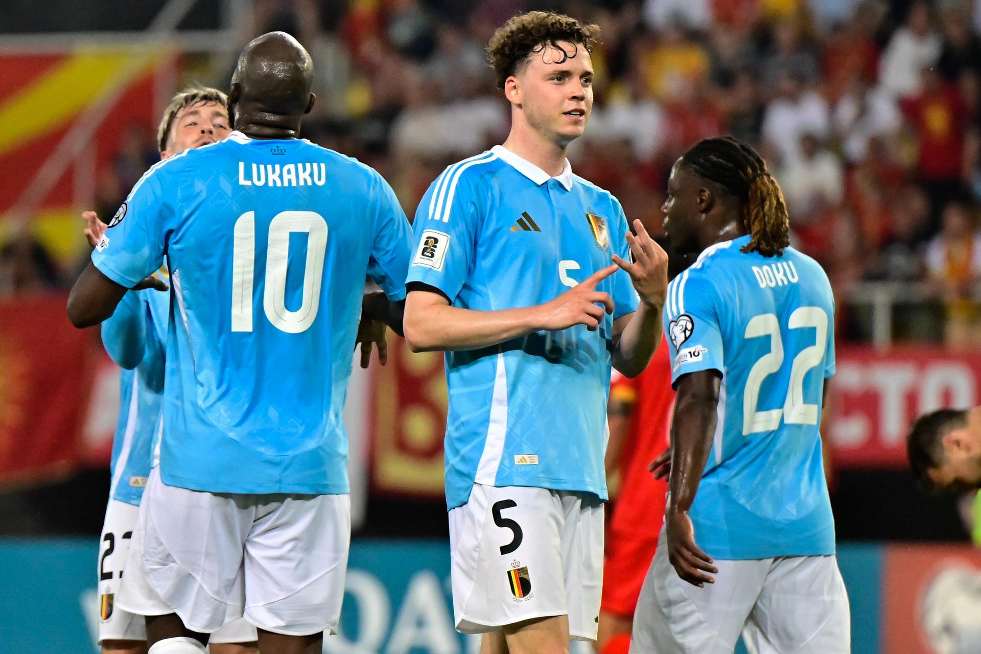 Belgium's Maxim De Cuyper celebrates after scoring during a soccer game between North Macedonia and Belgian national team Red Devils, Friday 06 June 2025 in Skopje, the first (out of 8) qualification games for the World Cup 2026. BELGA PHOTO DIRK WAEM
