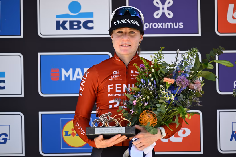 Dutch Charlotte Kool of Fenix-Premier Tech celebrates on the podium after winning the women's race of the 'Scheldeprijs' one day cycling event, 130,3km from and to Schoten on Wednesday 08 April 2026. BELGA PHOTO TOM GOYVAERTS