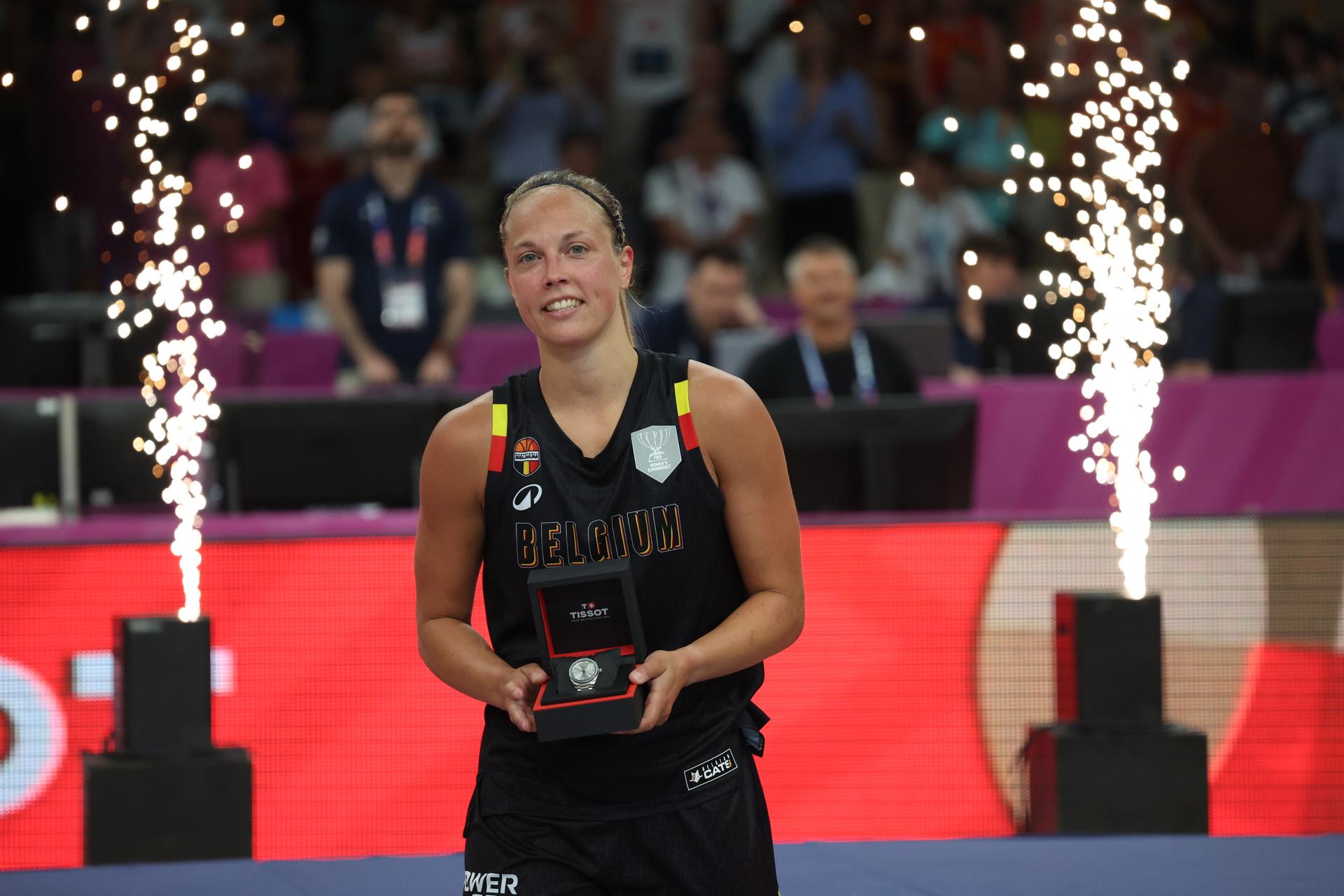 Belgium's Julie Allemand poses with the All Star Five trophy (best five player of the tournament) at a basketball match between Spain and Belgian national team 'the Belgian Cats' on Sunday 29 June 2025 in Piraeus, Greece, the final of the FIBA Women's EuroBasket 2025. BELGA PHOTO VIRGINIE LEFOUR