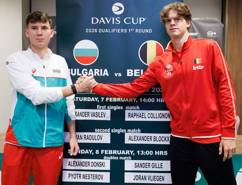 Bulgarian Iliyan Radulov and Belgian Alexander Blockx pictured aftera a press conference of the Belgian team, Friday 06 February 2026, in Plovdiv, Bulgaria. Belgium will compete this weekend in the Davis Cup qualifiers against Bulgaria. BELGA PHOTO BENOIT DOPPAGNE