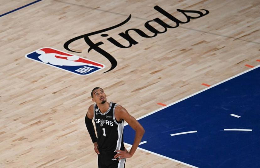 San Antonio Spurs' French forward-center #01 Victor Wembanyama looks up during Game Three of the NBA Finals between the San Antonio Spurs and the New York Knicks at Madison Square Garden in New York on June 8, 2026. SAUL LOEB / AFP