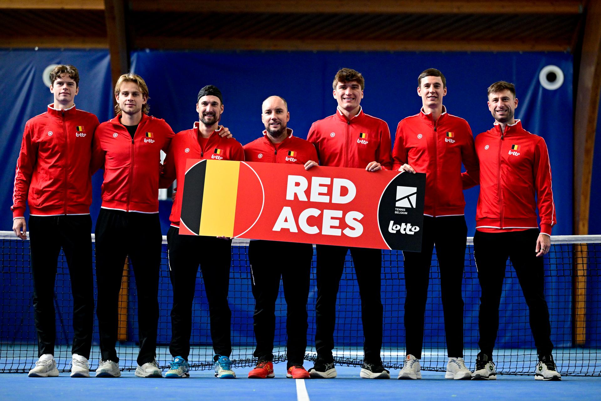 Belgian Alexander Blockx, Belgian Zizou Bergs, Belgian assistant coach Ruben Bemelmans, Belgian captain Steve Darcis, Belgian Raphael Collignon, Belgian Joran Vliegen and Belgian Sander Gille pictured after an open training session of the Belgian Davis Cup team ahead of the Davis Cup Finals (November 18-23), in Wilrijk, on Wednesday 12 November 2025. BELGA PHOTO DIRK WAEM