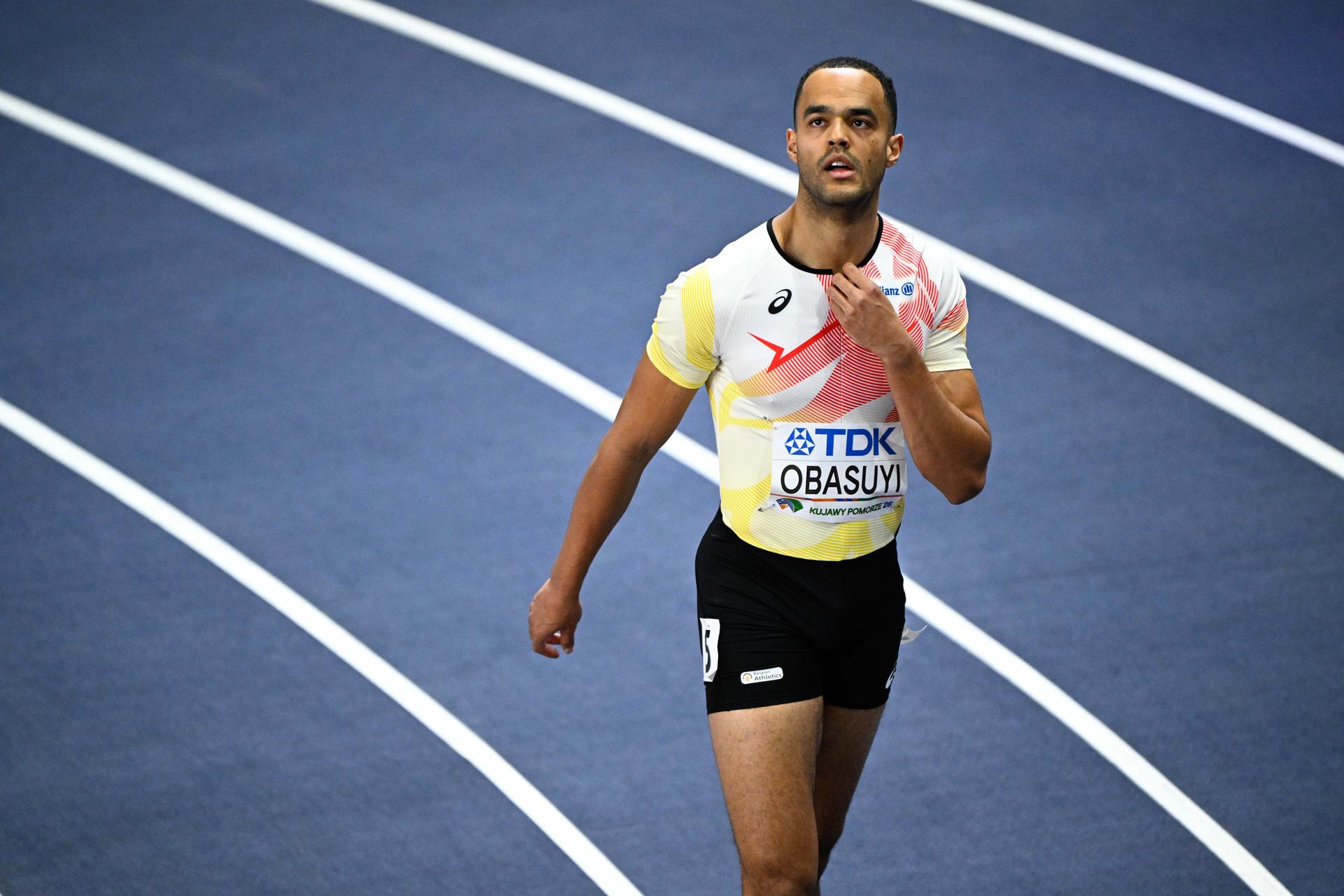 Belgian Michael Obasuyi pictured after the men's 60m hurdles, at and the second day of the World Athletics Indoor Championship in Torun, Poland on Saturday 21 March 2026. The championships take place from 20 to 22 March. BELGA PHOTO JASPER JACOBS