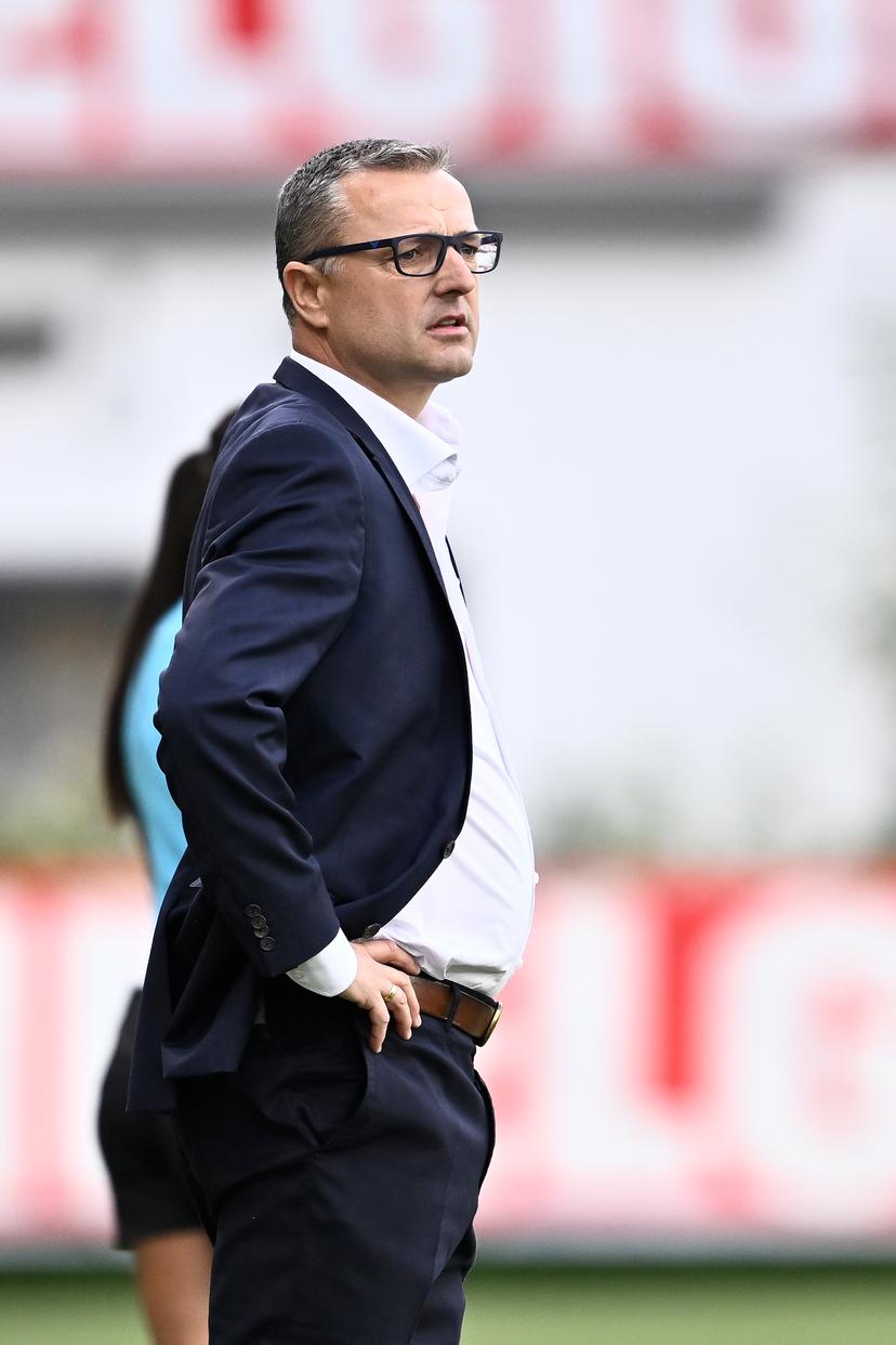 Belgium's head coach Ives Serneels pictured during a soccer game between Belgium's national women's team the Red Flames and Denmark, on Friday 12 July 2024 in Sint Truiden, match 5/6 of the qualifications of the 2025 European Championships. BELGA PHOTO JOHAN EYCKENS