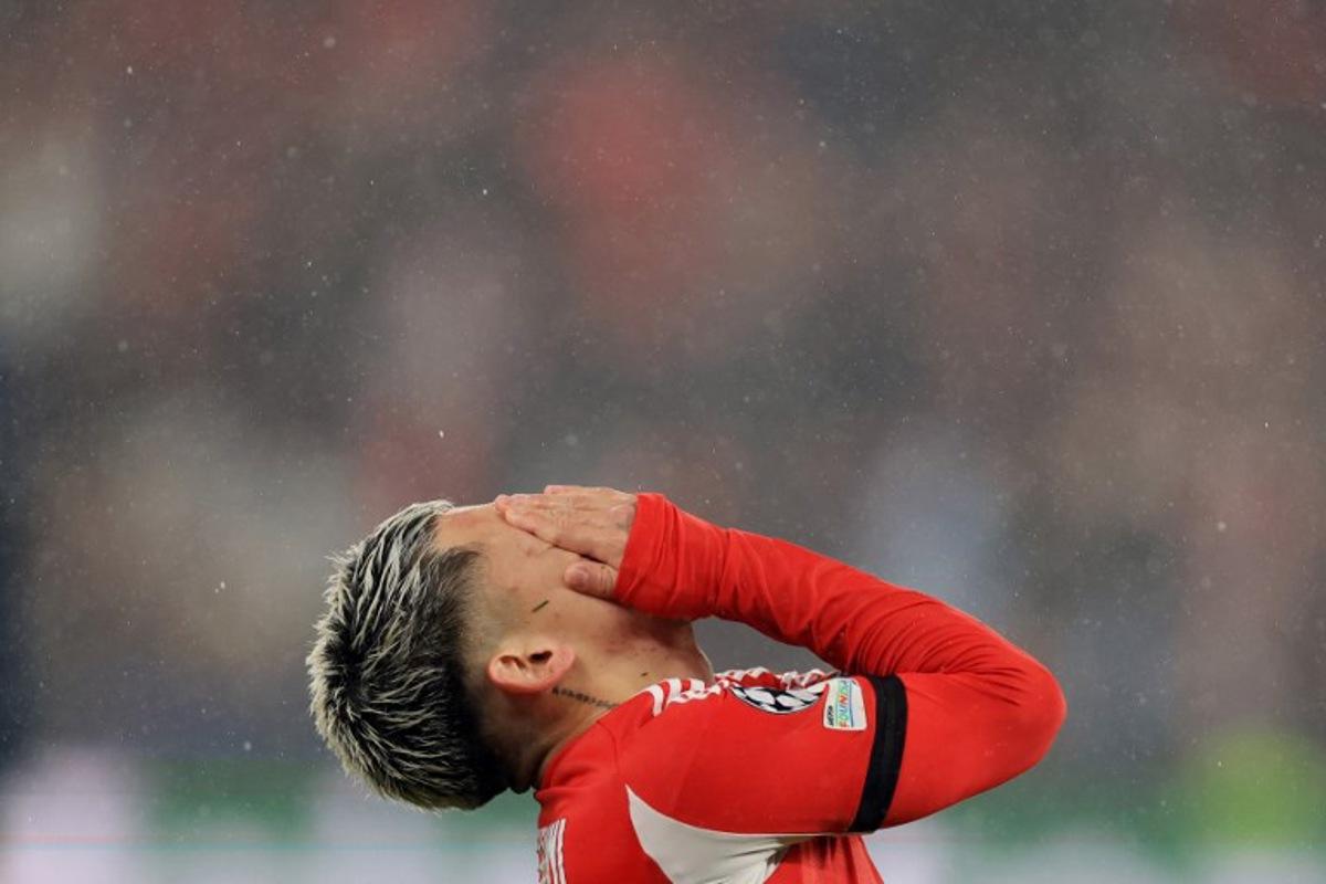 Benfica's Argentine forward #25 Gianluca Prestianni reacts during the UEFA Champions League league phase day 8 football match between SL Benfica and Real Madrid CF at Estadio da Luz in Lisbon on January 28, 2026. PATRICIA DE MELO MOREIRA / AFP