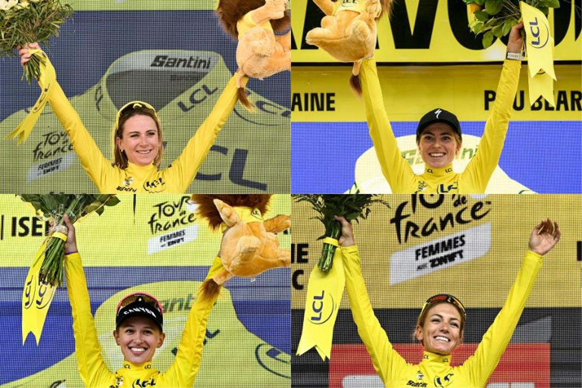 (COMBO) This combination of file photographs created on July 23, 2026, shows the last four winners of the Women's Tour De France - Tour de France Femmes cycling race celebrating on the podium of the last stage of each edition with their overall leaders' yellow jersey: Movistar Team's Dutch rider Annemiek Van Vleuten (up L) in La Super Planche des Belles Filles, on July 31, 2022, Team SD Worx's Dutch rider Demi Vollering (up R) in Pau south-western France, on July 30, 2023, Canyon//SRAM Racing team's Polish rider Katarzyna Niewiadoma (bottom L) in L'Alpe d'Huez, south-eastern France, on August 18, 2024 and Team Visma | Lease a Bike's French rider Pauline Ferrand-Prevot in Chatel, eastern France on August 3, 2025. The 5th edition of the Women's Tour de France will start in Lausanne on August 1, 2026. Jeff PACHOUD, JULIEN DE ROSA / AFP