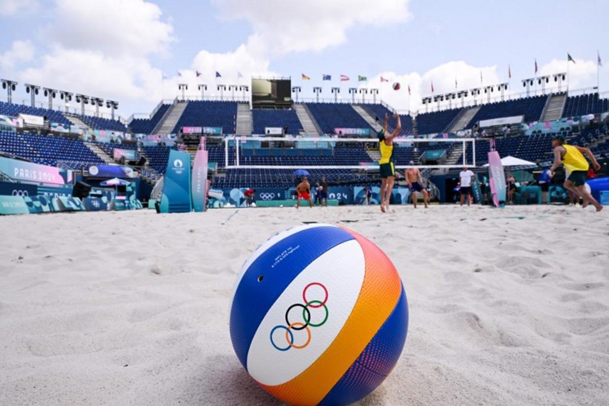 An official beach volley ball is pictured at Eiffel Tower Stadium in Paris, on July 24, 2024, ahead of the Paris 2024 Olympic Games. Kirill KUDRYAVTSEV / AFP