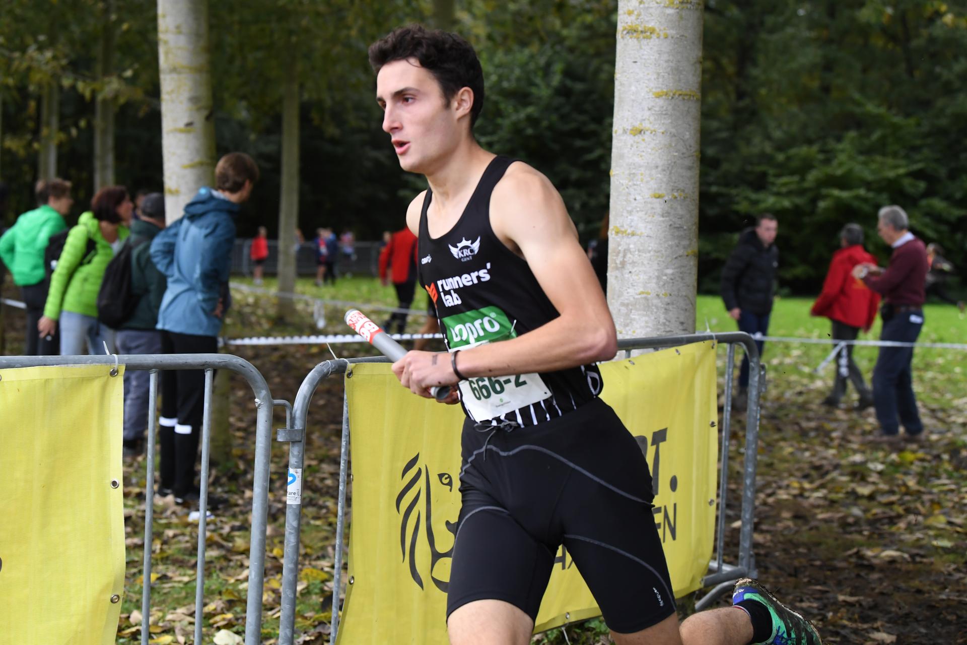 Belgian Matthias Loeys pictured in action during the men's relay race at the CrossCup athletics event, the first stage of the CrossCup competition, Sunday 22 October 2023 in Berlare. BELGA PHOTO JILL DELSAUX