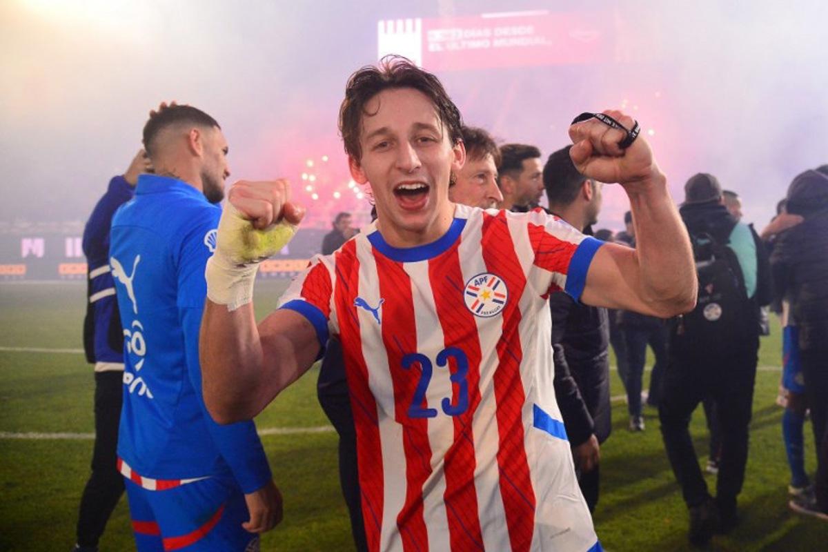 Paraguay's midfielder #23 Matias Galarza celebrates after the 2026 FIFA World Cup South American qualifiers football match between Paraguay and Ecuador at the Defensores del Chaco stadium in Asuncion on September 4, 2025. Daniel DUARTE / AFP
