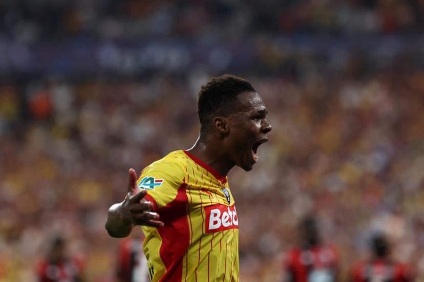 Lens' Malian midfielder #08 Mamadou Sangare reacts during the French Cup final football match between RC Lens and OGC Nice at the Stade de France stadium, in Saint-Denis, on the outskirts of Paris, on May 22, 2026. FRANCK FIFE / AFP