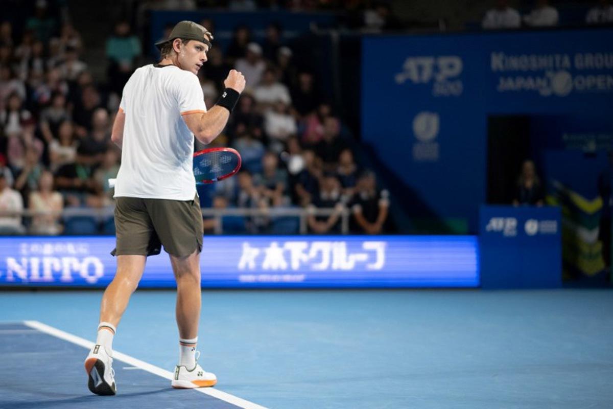 Belgium's Zizou Bergs reacts during his men's singles match against Spain's Carlos Alcaraz at the ATP Japan Open tennis tournament in Tokyo on September 27, 2025. Philip FONG / AFP