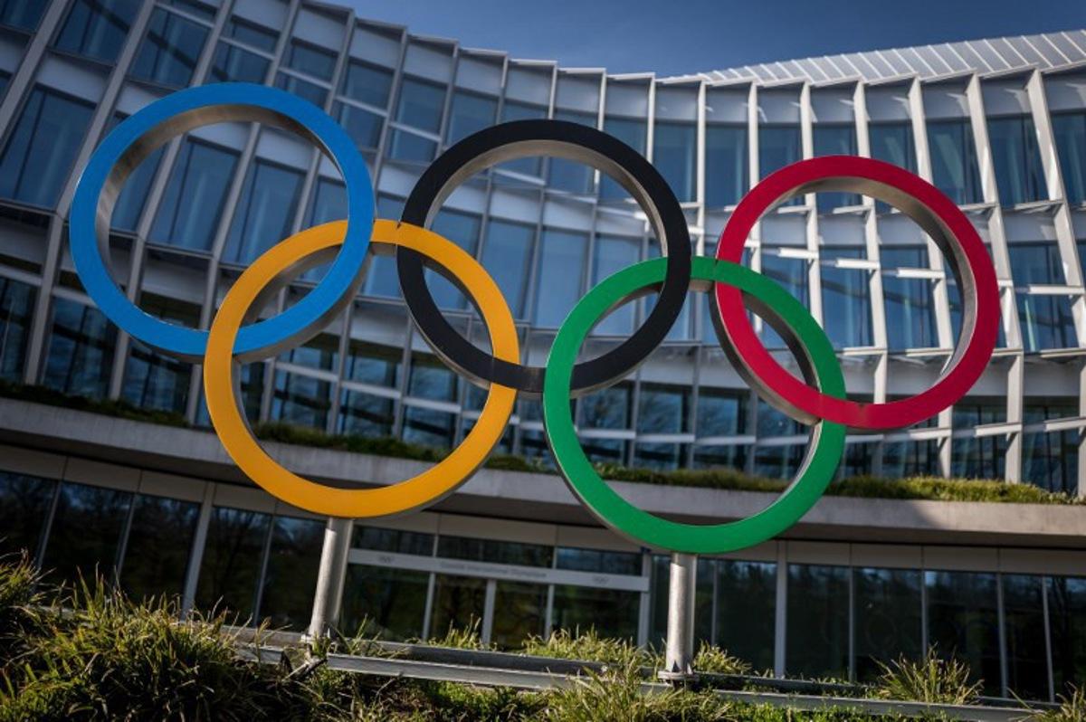 The Olympic rings are seen outside the headquarters of the International Olympic Committee (IOC) at the opening day of a executive board meeting in Lausanne on March 19, 2024. Fabrice COFFRINI / AFP