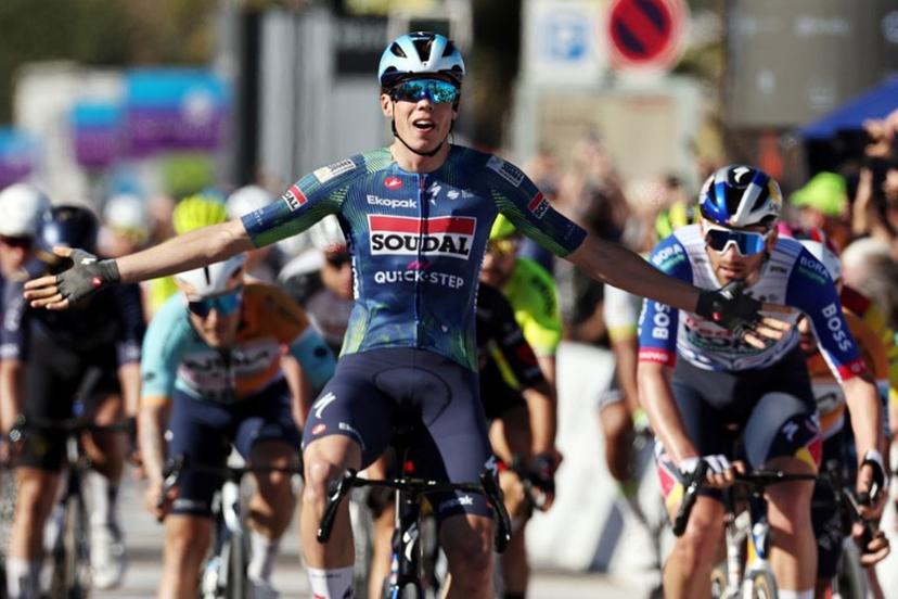 Soudal Quick-Step French cyclist Paul Magnier celebrates winning the stage four of the Algarve Tour, a 182.10 km race from Albufeira to Lagos, on February 21, 2026. João Matos / AFP