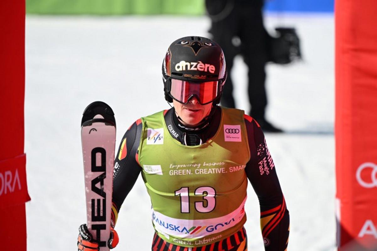 Belgium's Armand Marchant reacts in the finish area at the end of the second run of the Men's Slalom event, part of FIS Alpine Ski World Cup 2025-2026 in Kranjska Gora, Slovenia on March 8, 2026. JURE MAKOVEC / AFP