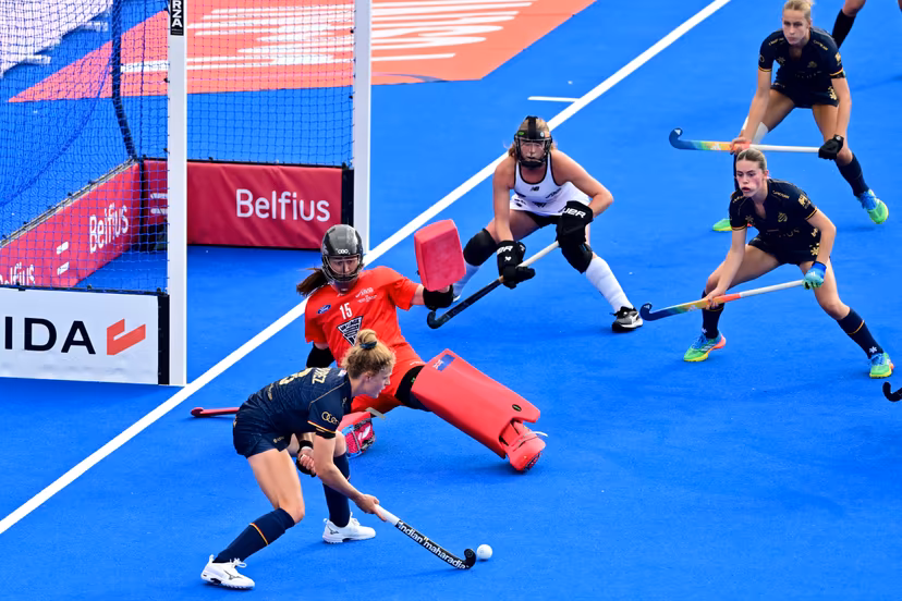 Belgium's Emma Puvrez scores a goal during a hockey game between Belgium's Red Panthers and New Zealand, the first (out of three) matches during the group stage of the women 2026 Hockey World Cup, Sunday 16 August 2026 in Wavre. The 2026 edition of the Hockey World Cup takes place in Belgium and The Netherlands from August 15 to August 30. BELGA PHOTO DIRK WAEM