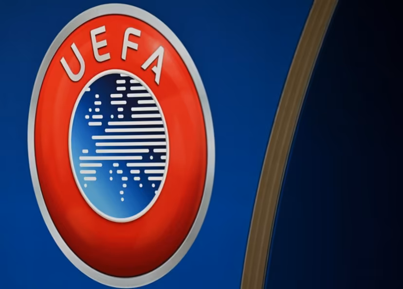 This photograph shows the UEFA logo displayed at the end of the 2025-2026 UEFA Europa League round of 16, quarter-final and semi-final draw at the House of European Football in Nyon, western Switzerland on February 27, 2026. Harold CUNNINGHAM / AFP