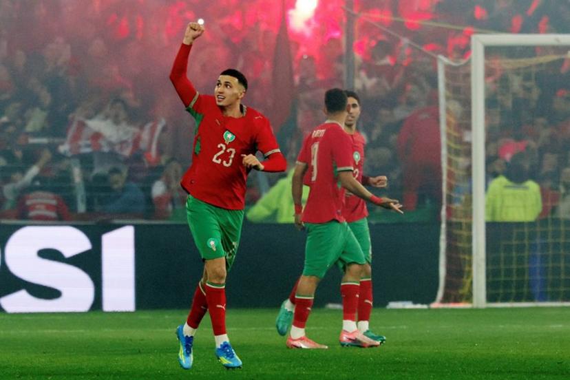 Morocco's Bilal El Khanouss (L) celebrates after scoring his team's first goal during the friendly football match between Morocco and Paraguay at the Stade Bollaert-Delelis in Lens, northern France on March 31, 2026. Francois LO PRESTI / AFP