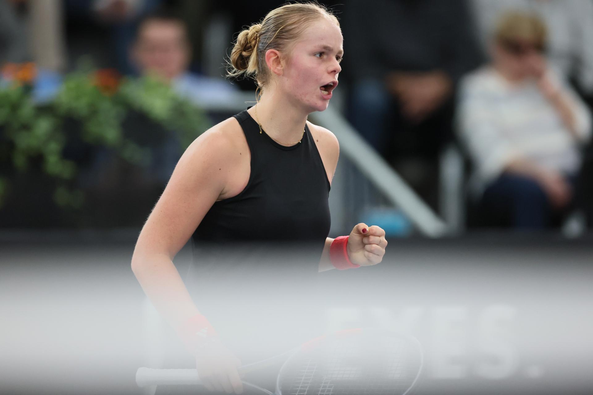 Belgian Jeline Vandromme reacts during the first game between Belgian Vandromme and German Friedsam in the Billie Jean King Cup Play-offs, between Belgium and Germany, on Sunday 16 November 2025 in Ismaning, Germany. PHOTO BENOIT DOPPAGNE