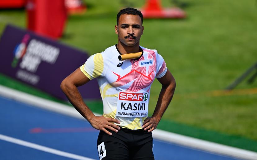 Belgium's Amine Kasmi pictured at the start of the first round of the men's 4x100m relay race, on the seventh day of the European Athletics Championships (August 10-18) in Birmingham, United Kingdom, on Saturday 15 August 2026. BELGA PHOTO ERIC LALMAND