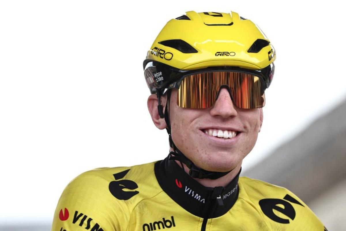 Team Visma - Lease a Bike's British rider Matthew Brennan arrives at the start of the 123rd edition of the Paris-Roubaix one-day classic cycling race, 258.3 km between Compiègne and Roubaix, northern France, on April 12, 2026. Anne-Christine POUJOULAT / AFP