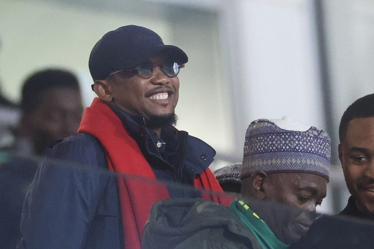 President of the Cameroonian Football Federation, Samuel Eto'o, looks on from the stands before the Africa Cup of Nations (CAN) Group F football match between Mozambique and Cameroon at the Grand Stadium in Agadir on December 31, 2025. FRANCK FIFE / AFP