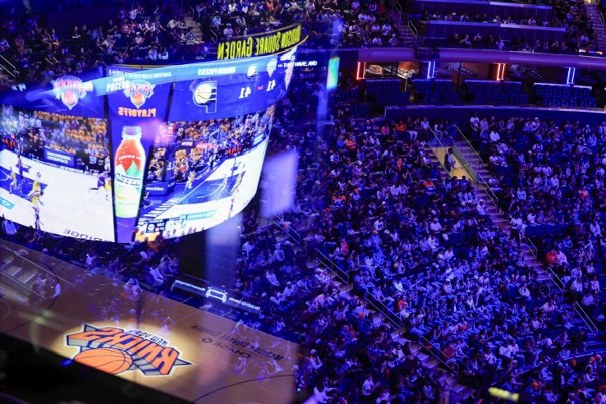 Supporters attend a watch party during Game Six of the Eastern Conference Finals of the 2025 NBA Playoffs between the New York Knicks and the Indiana Pacers at Madison Square Garden in New York on May 31, 2025. CHARLY TRIBALLEAU / AFP