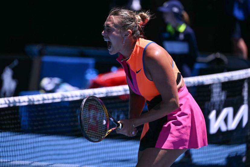 Belarus' Aryna Sabalenka celebrates winning a point against Austria's Anastasia Potapova in their women's singles match on day six of the Australian Open tennis tournament in Melbourne on January 23, 2026. WILLIAM WEST / AFP
